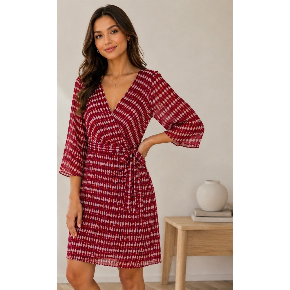 London Times Womens Red Geometric Print Faux Wrap Dress Bell Sleeve Size 8